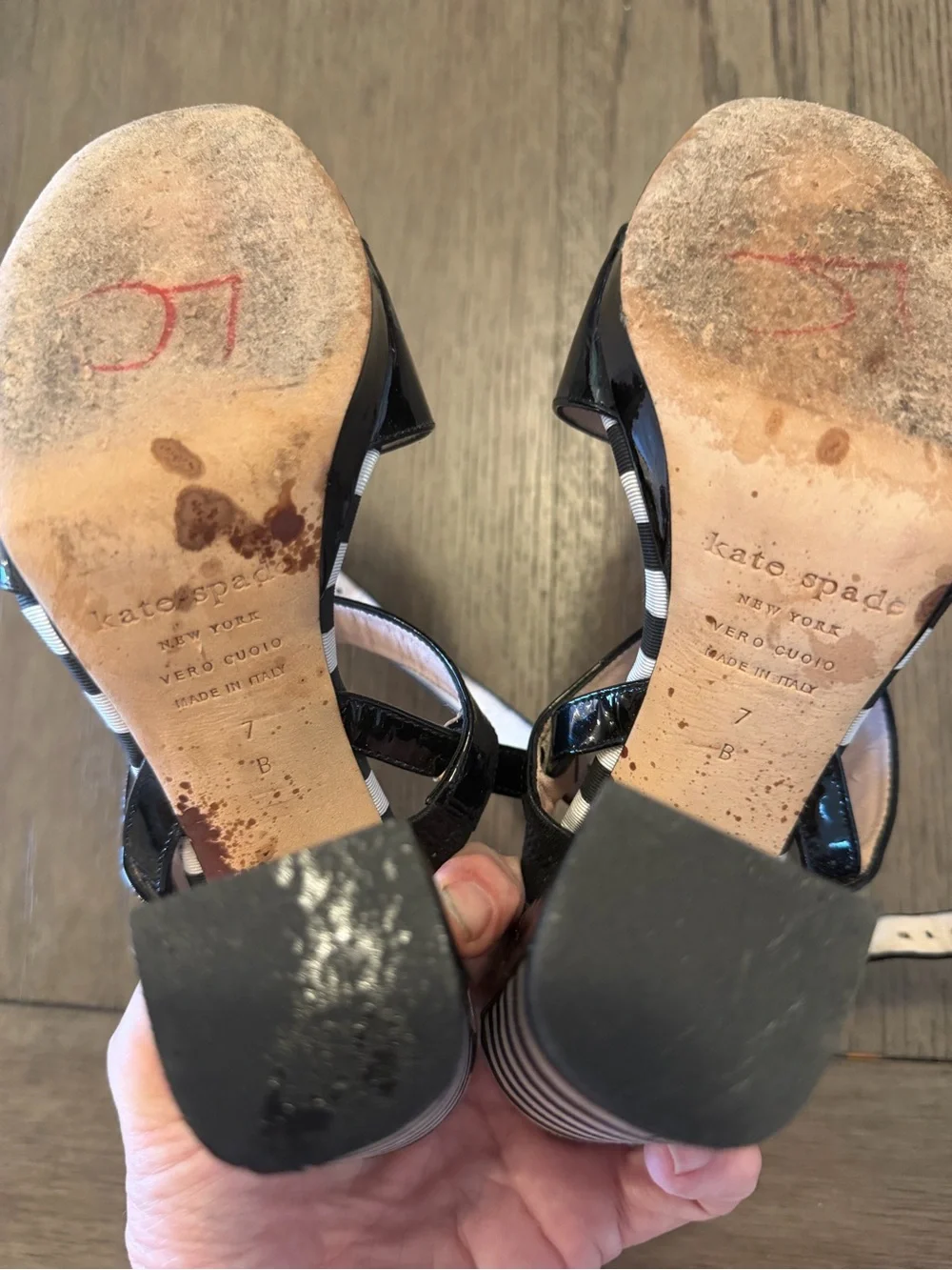 kate spade Black Patent Block Heel Sandals with Striped Heel Sz 7 READ DESC